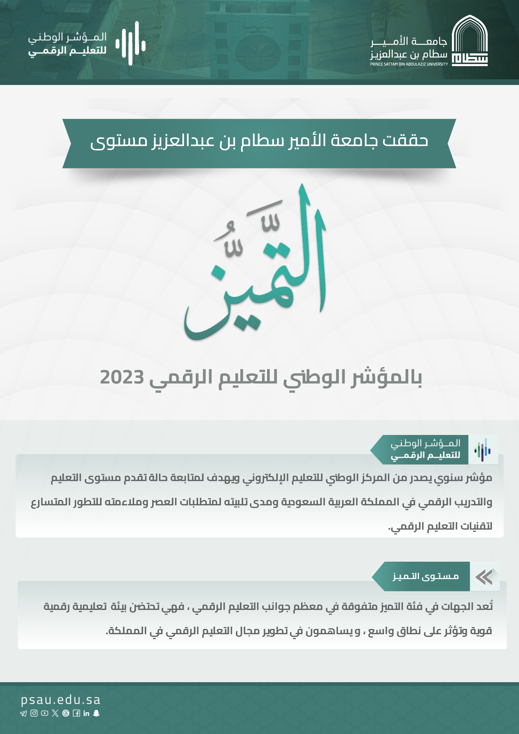 جامعة الأمير سطام بن عبدالعزيز تحقق مستوى التميُّز في المؤشر الوطني للتعليم الرقمي 2023